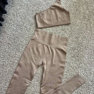 SET Active Beige One-Shoulder Crop Top & High-Waist Leggings